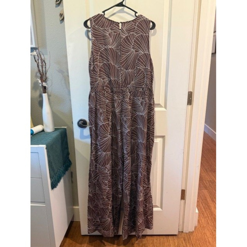 Brown‎ Shell Print Sleeveless Wide Leg Jumpsuit V-Neck Smocked - Picture 4 of 4